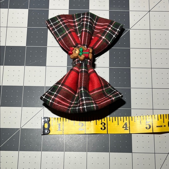 Festive Plaid Hair Bow with Teddy Bear Accent - Picture 3 of 4